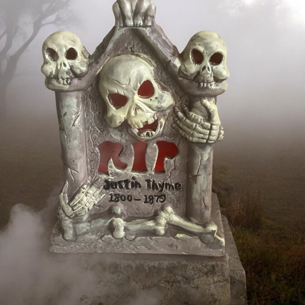 Haunted Skeletons Grave Marker "Justin Thyme 1800-1879" Lighted Decor